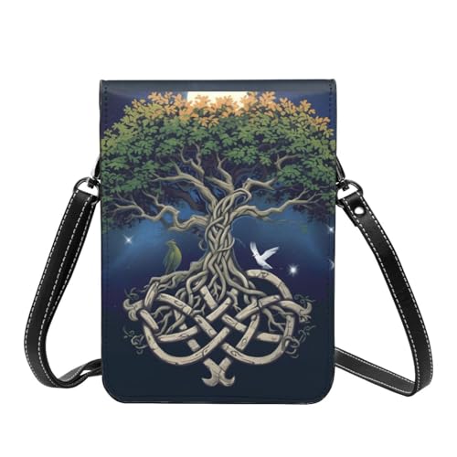 Tree of life celtic moon spiritual design crossbody cell phone purse for womens lightweight small soft leather fashion travel wallet with adjustable strap4
