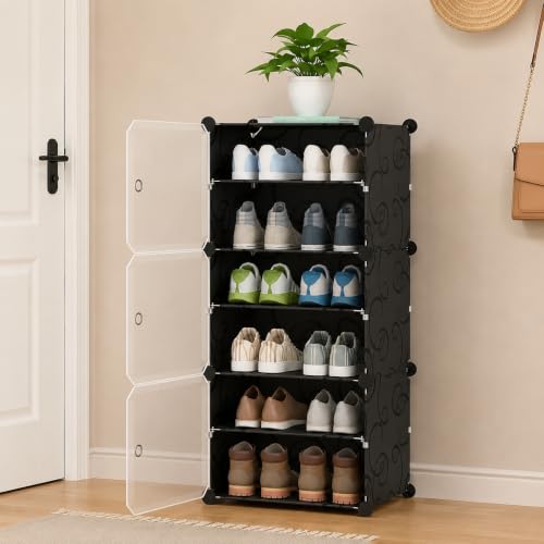 Image of Plastic Shoe Rack for Home with Door | 6-Shelf DIY Shoe Cabinet Organiser | Stores 12 Pairs | Foldable & Waterproof Shoe Stand for Entryway, Bedroom (Black, 3-Door)