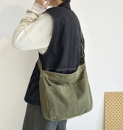 Image of Economical Cotton Canvas Tote Bag,Women Hobo Shoulder Bag Crossbody Handbag with 3 External Pocket,Zipper Closure (K Tote Bag-ArmyGreen)