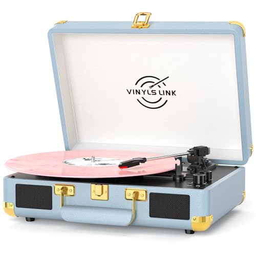 Image of VINYLSLINK Bluetooth Vinyl Record Player, 3-Speed Portable Turntable with Treble & Bass Control, Built-in Stereo Speakers, Belt-Driven LP Player with RCA & Headphone Jack, Vintage Blue Design
