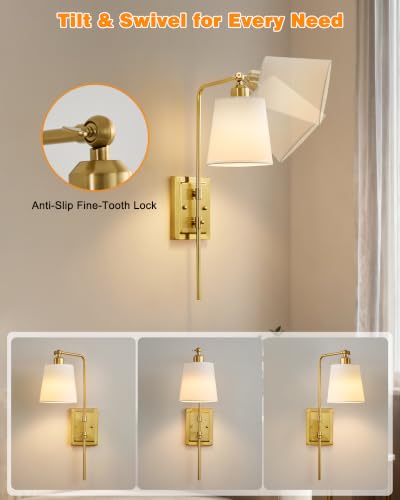 Powfloven Brass Battery Operated Wall Sconce Set of 2, Adjustable Height - image 4