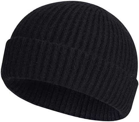 ROYBENS Swag Wool Knit Cuff Short Fisherman Beanie for Men Women, Winter Warm Hats, Black
