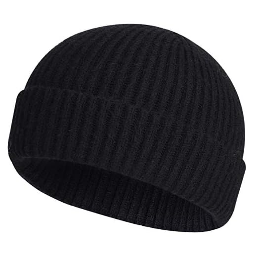 ROYBENS Swag Wool Knit Cuff Short Fisherman Beanie for Men Women, Winter Warm Hats, Black