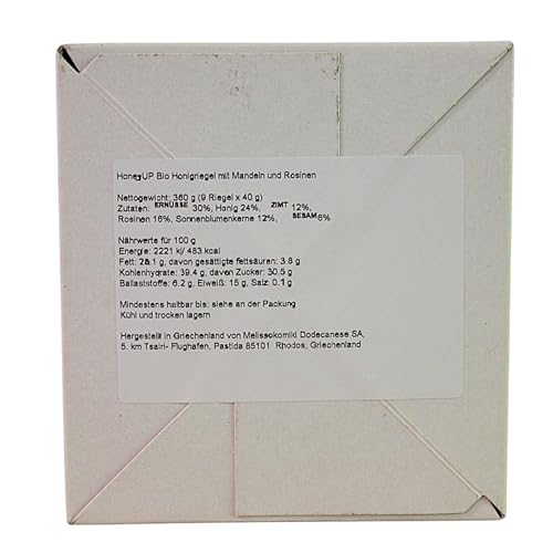HoneyUP Bio Honigriegel mit Mandeln und Rosinen 40 g, Display Box mit 9 Riegel x 40 g (Insgesamt: 9 Riegel)