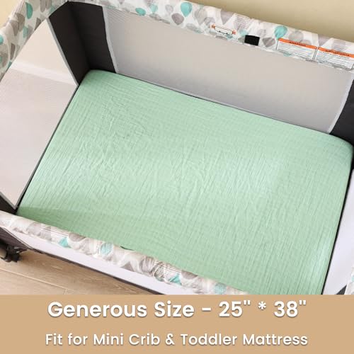 Image of david's kids Muslin Mini Crib Sheets, 2 Pack Cotton Pack N Play Sheets for Boys Girls Neutral, Soft Breathable Baby Sheets Fit Pack N Play, Playard and Mini Crib Mattresses, Beige & Green