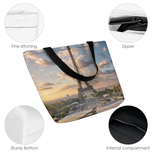 Women Tote Bags with Handles French Paris Tour Eiffel Tower Shoulder Bag with Zipper Handbags Shopping Bags Travel Bag Beach Bag Reusable Grocery Bag for Swim Holiday Gift3