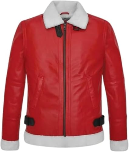 Hide & Seek Men’s B3 Bomber White Fur Spirited Christmas Red Lambskin Leather Jacket – Santa Claus Style Winter Coat