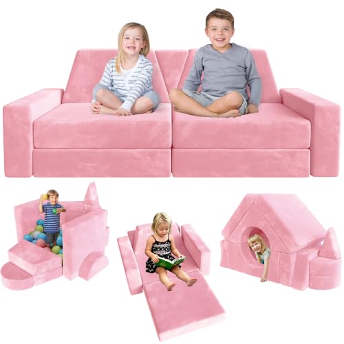 Image of YEFU 15pcs Modular Kids Play Couch,1000+ Imagination Creative Play | for kids ages 1+,7 shapes,countless configurations,30D high-density foam,fort building,washable cover, playroom,birthday gift