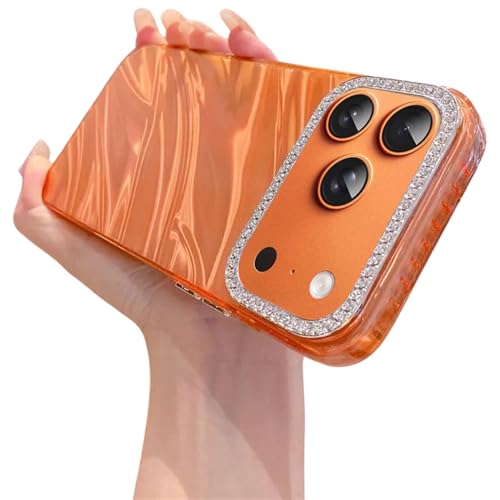 Image of DIZORO Compatible with iPhone 17 Pro Case | Marble Glossy Hard PC Back Cover with Diamond Camera Protector | Ultra Stylish Shockproof Back Cover Case for Girls Women-Orange