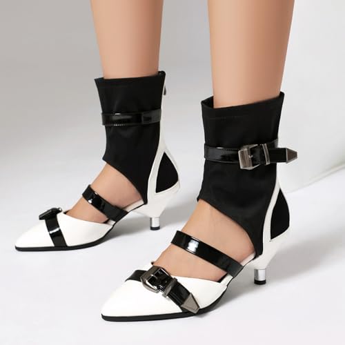 Gicoiz Women Pointed Toe Low Kitten Heels Mid Calf Boots Sandals3