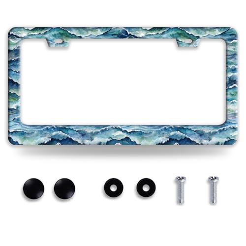 Watercolor Blue Ocean Waves License Plate Frame Wave License Plate Frames Funny Auto Accessory Stainless Steel Blue License Plate Decoration for Women Men 12 x 6 Inch