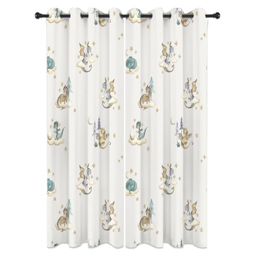 Image of Watercolor Cute Baby Dragon Curtains for Bedroom-Fantasy Cartoon Mid Century Woodland Dragon Window Treatment,Energy Saving Blackout Grommet Curtains 84L x 26W 2 Panels