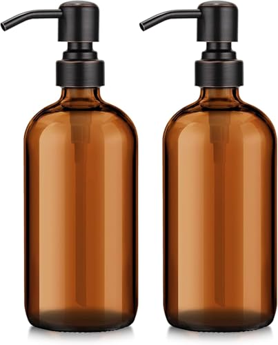 AmazerBath Amber Glass Soap Dispensers, 2 Glass Amber Pump Bottles, 17 Oz Dish Soap Dispenser, Kitchen Bathroom Hand Soap Dispensers for Hand Sanitiser, Shampoo, Lotion, Shower Gel Conditioner