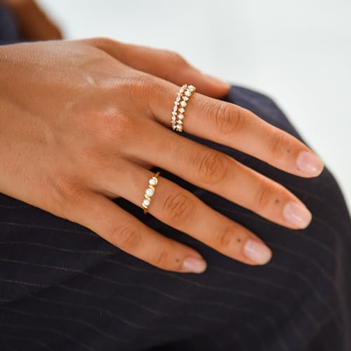 BLOSSOM & HUE Pearl & Cubic Zirconia Stacking Rings | Set of 3 | Mini Pearl Crystal Stacking Ring Bundle | Half Eternity Stackable Minimalist Delicate Dainty Bridal2