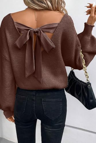 Image of Womens Off Shoulder Bow Back Sweater Sexy Loose Fit Deep V Neck Knit Tops | Backless, Lantern Long Sleeves, Ribbed Knit, Lightweight, Fall Winter Outfit, Party, Halloween, Christmas, New Year's Eve