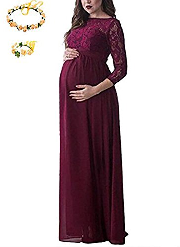 Sicily Maternity Photography Props Dress Scoop 3/4 Sleeves Lace Chiffon Patchwork Wedding Bride Bridesmaids Gown for Photo Shoot (S, Wine Red)