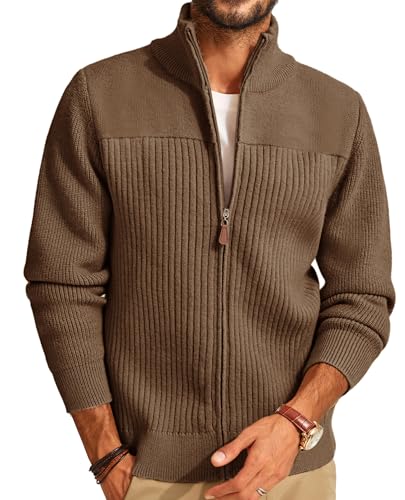 PJ PAUL JONES Men's Full Zip Cardigan Sweaters Casual Ribbed Knitted Stand Collar Chunky Cardigan with Zipper Coffee L