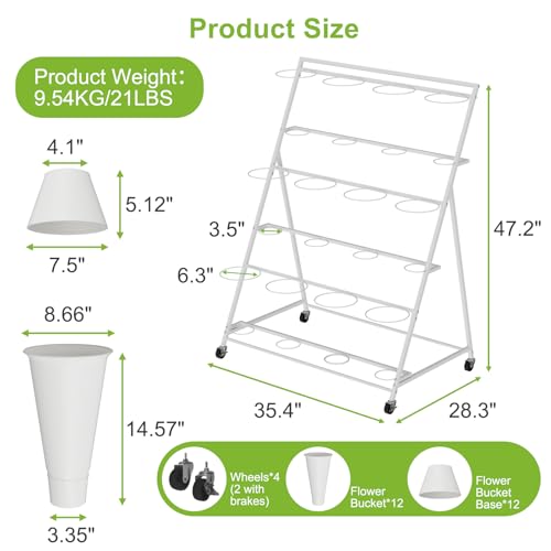 Flower Stand, 3 Tier Flower Display Stand with 12 Buckets, Upgrade Double Circle No Shaking, Outdoor Flower Cart with Wheels for Home, Patio, Garden, Shop, Wedding, Party, Exhibition, Indoor, White (White) by NEYCIL - Used condition - Image 2