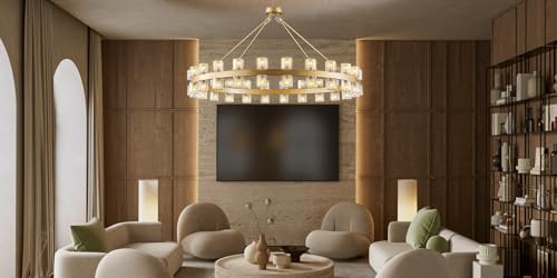 Image of 48 Inch Gold Wagon Wheel Chandelier with Crystal Shade, 48 Lights, Modern Farmhouse Style, Ideal for Dining Room, Kitchen, Entryways