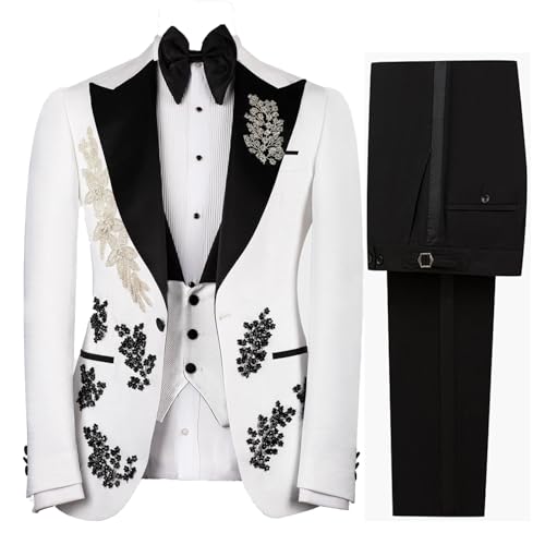 Mens Suits Slim Fit 3 Piece Formal Wedding Tuxedo Suits Blazer Pants for Dinner Party Prom White