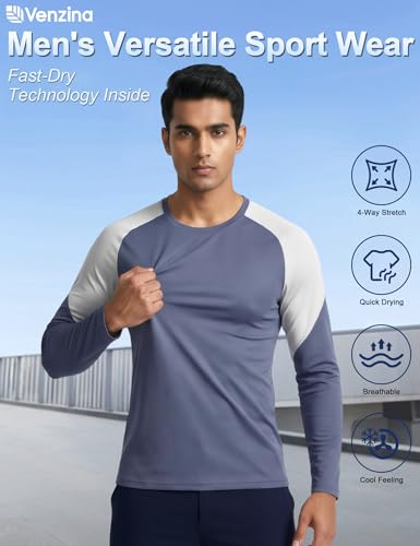 Image of Venzina Men's Long Sleeve Workout Shirt Color Block Quick Dry Athletic Top, Moisture Wicking Fitness & Running Shirt, Breathable Sportswear Tee for Gym, Sports, Casual Wear