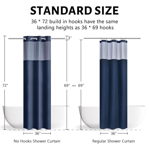 Image of No Hook Waffle Weave Shower Curtain with Snap in Fabric Liner Set,Heavy Duty Textured Bathroom Curtain with See Through Window,Waterproof & Machine Washable,Navy Blue,Stall 36x72 Inch