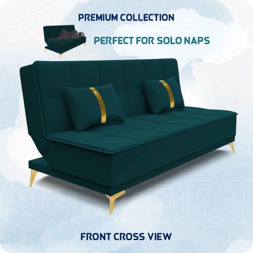 Image of Adorn India Premium New Alyssum 3 Seater Sofa Cum Bed 4X6 Velvet Suede with 2 Cushions (Color Ocean Blue) and Suitable for All Indoor, with 3 Years Warranty