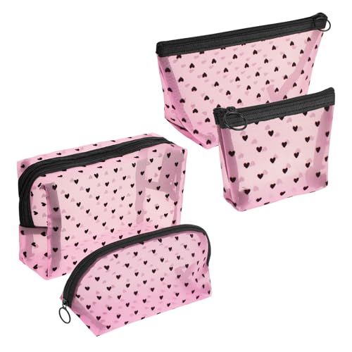 4 Pieces Mesh Cosmetic Bags, Portable Travel Mesh Makeup Bag, Heart Print Zipper Pouch Toiletry Bag for Women Girls (Pink)