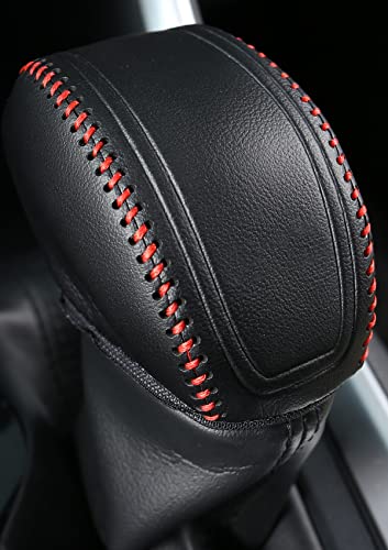 YAKANEY for RAV4 2019-2025 Gear Shift Knob Cover, Genuine Leather Interior Protective Gear Shift Trim for Toyota Highlander 2020-2025- Red Trim