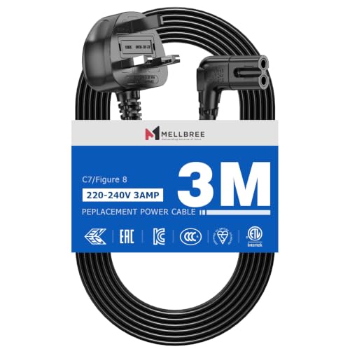 Power Cable Compatible with Samsumg TV 3M Mellbree Quality Safe Right Angle Suitable for Awkward Space Figure 8 Power Cable Compatible with Samsung LG Panasonic TV Black