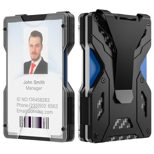 HNHFTT Slim Wallet for Men, Metal Aluminum RFID Blocking Money Clip Wallet with Clear ID Window badge holder/ID Card Holder, Holds 15 Cards, Carbon Fiber & Tactical Design, Anti-Scratch
