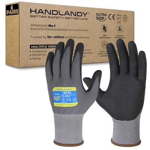 HANDLANDY 6 Pairs Safety Work Gloves with MicroFoam Nitrile Coated - Breathable Nylon Gloves with Grip for Men & Women 10/X-Large 6 Pairs - Gray
