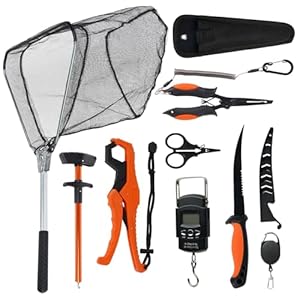 RAWILL 9 Pcs Fishing Tool Kit, Fishing Pliers with Lanyard and Protective Sheaths, Landing Net, Fillet Knife, Fish Scale, Gripper