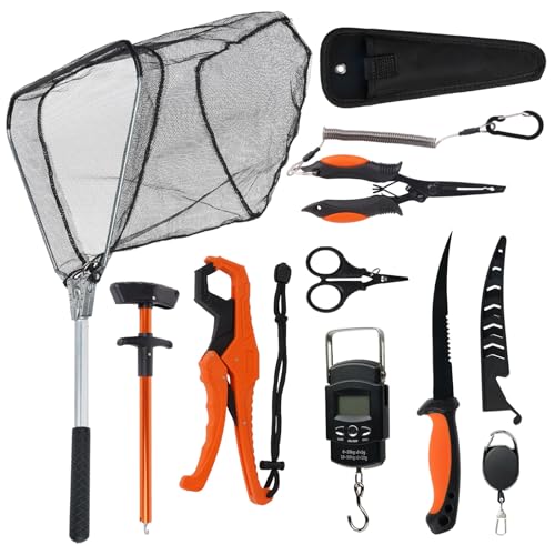 RAWILL 9 Pcs Fishing Tool Kit, Fishing Pliers with Lanyard and Protective Sheaths, Landing Net, Fillet Knife, Fish Scale, Gripper