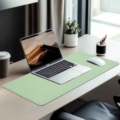 Image of AROPANA Vegan Leather Desk Mat | Large Reversible Mouse Pad & Table Protector | Dual-Side Waterproof Laptop Pad with Edge-Stitched Design (80x40CM, Light Green & Blue)