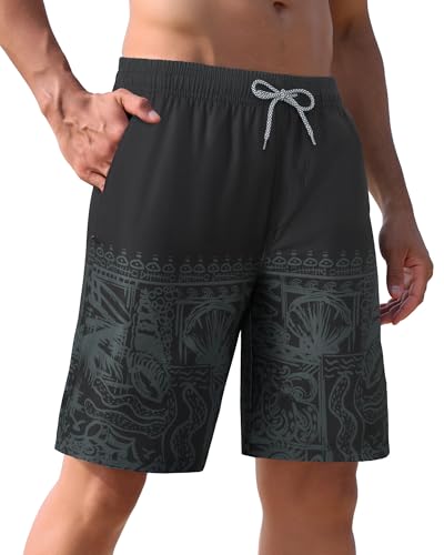 APTRO Men's Swimming Shorts Board Shorts with Zip Pockets Quick Dry Beach Shorts Gradient Swim Shorts with Mesh Lining Black Painting MK111 L