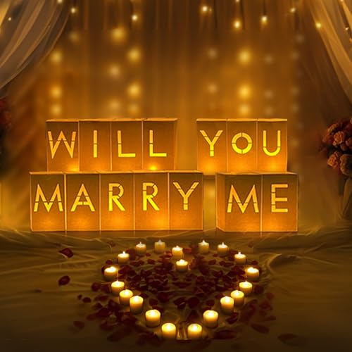 Image of Will You Marry Me Sign -Will You Marry Me Proposals Decorations Marry Me Light Up Letters with LED Lights and Roses, Luminary Paper Bags Proposals, Valentines Day Decorations