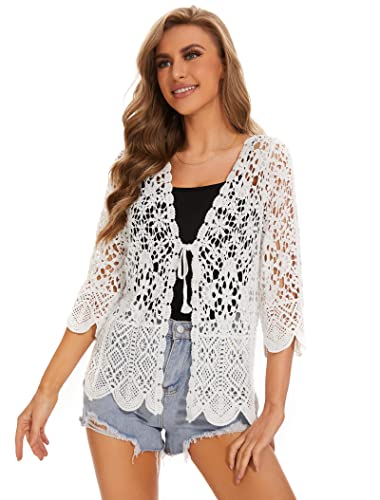 Women's Cotton Casual Floral Lace Crochet 3/4 Sleeve Cardigan Boho Cover Up