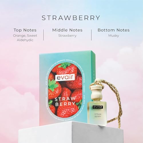 Image of Evair Strawberry Car Air Freshener | Hanging Car Perfume | Premium Car Fresheners | Car Aroma with Essential Oils| Hanging Perfume for Car in Glass Bottle with Wooden Diffuser Lid (10ml, Pack of 1)