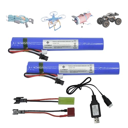 LinRui 2PCS 7.4V 2000mAh Battery Splatter Ball Gun Battery, for SRB1200 400 400-SUB Airsoft or Water-Gun Toy with USB Charging Cable Rechargeable Lithium Battery SM2P XH-3 Plug