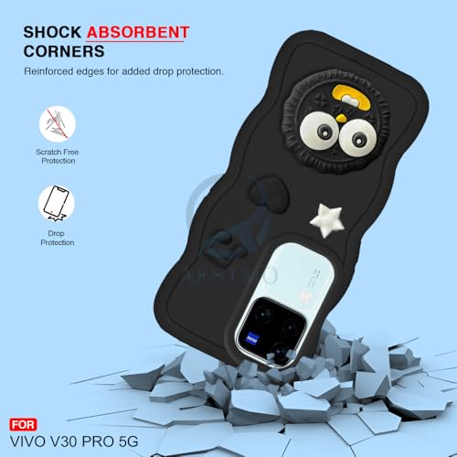 Image of AESTMO Back Case Cover for Vivo V30 / V30 Pro 5G | 3D Cute Fun Cartoon Characters | Anti Slip Grip Cute Wave Curly Frame Shape | Full Body Protection Back Cover for Vivo V30 / V30 Pro 5G (Black)