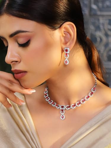Image of Rubans American Diamond Zirconia Necklace Set Stylish Jewellery Gift for Women & Girls