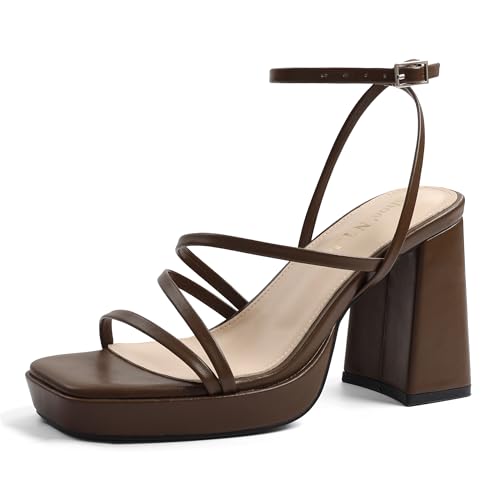Image of Shoe'N Tale Platform Heels for Women Strappy Block Chunky Heels Square Toe Ankle Buckle Sandals