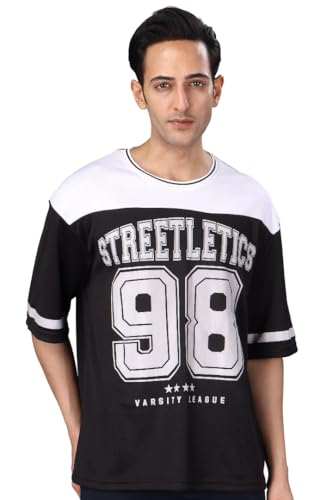Amazon Brand - INKAST Unisex Oversized Varsity T-Shirt – Classic Sleeve|Drop Shoulders| Retro Letter Jersey| Cut & Sew Style| for Gym, Activewear, and Training| Casual & Street Style for Everyday.