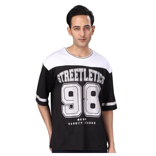Amazon Brand - INKAST Unisex Oversized Varsity T-Shirt – Classic Sleeve|Drop Shoulders| Retro Letter Jersey| Cut & Sew Style| for Gym, Activewear, and Training| Casual & Street Style for Everyday.