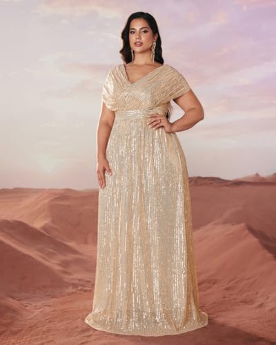 Women's Plus Size V Neck Sequin Formal Maxi Dress A-Line Prom Evening Party Gowns3