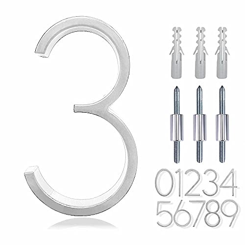 5" Zinc Alloy Floating House Number, Metal Modern House Numbers, Garden Door Mailbox Number Sign With Nail Kit, Coated Glossy Silver, Durable Visibility Signage,3 #TOP14