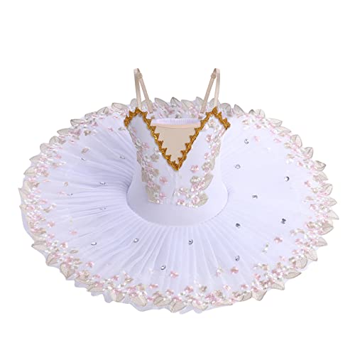 Dance Leotard For Girl Ballet Platter Tutu Toddler Rhinestone Swan Lake Pancake Tutu Skirt Ballet Leotards Dress White Flower Embroidery Hem Ballerina Costume For Performance White Flower 11-12 Years #TOP1