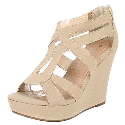 TOP Moda Women's Strappy Open Toe Platform Wedge BEI 8 Beige