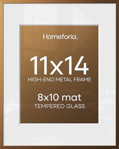 Image of Homeforia 11x14 Bronze Picture Frame, High End Metal 11x14 Brass Frame with Mat 8x10, 11 x 14 Poster Frames Matted to 8 x 10 inch Photo, 11 by 14 Bronze Thin Frames, Tempered Glass, Wall Kit, Set of 2